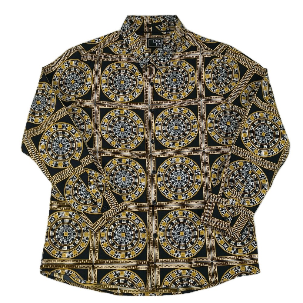 Level Ten Mens Large Black Gold Greek Key Medusa Baroque Print Button Down Shirt